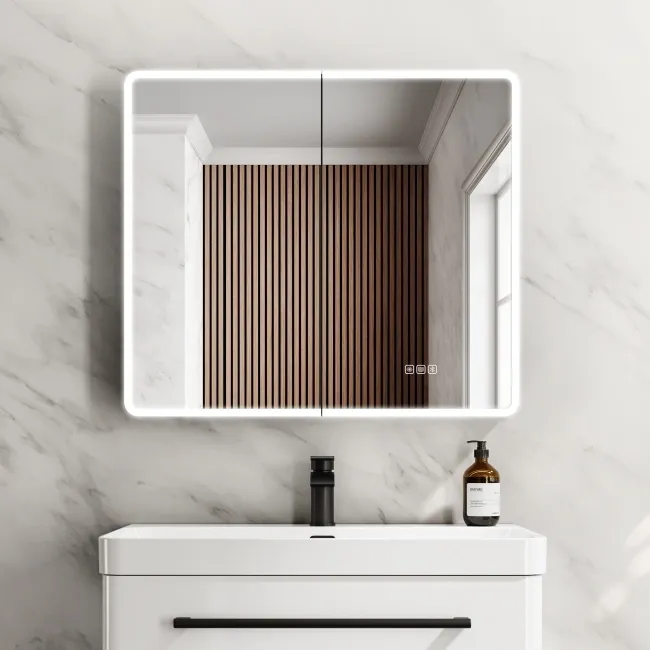 Aurora Matt Black Illuminated LED Mirror Cabinet With BLUETOOTH Speaker 700x800mm