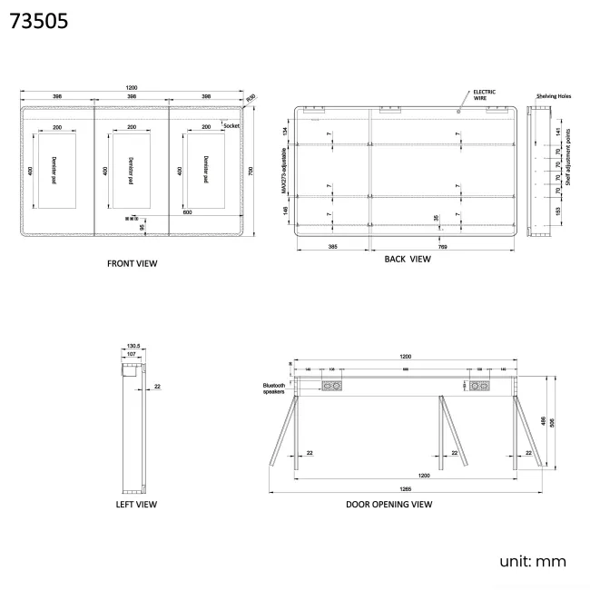 Aurora Matt Black Illuminated LED Mirror Cabinet With BLUETOOTH Speaker 700x1200mm