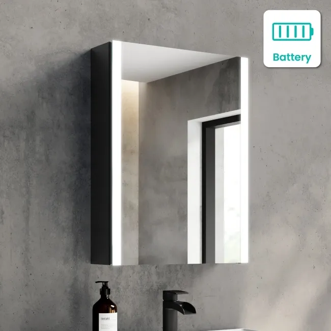Selma Battery Operated Matt Black Illuminated LED Mirror Cabinet 600x450mm