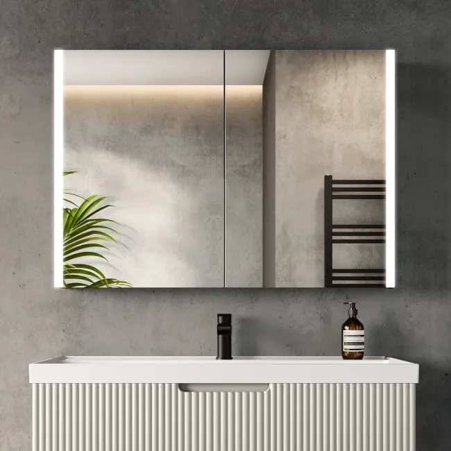 Selma Battery Operated Matt Black Illuminated LED Mirror Cabinet 700x1000mm