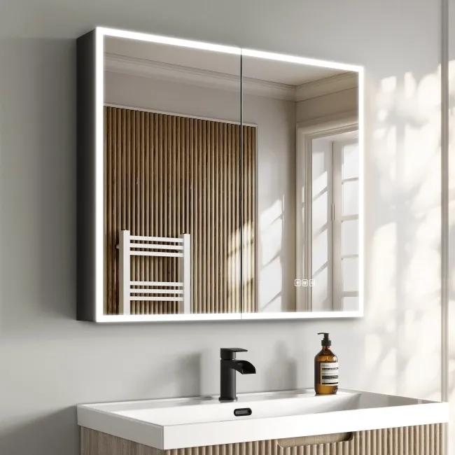Esme Matt Black Illuminated LED Mirror Cabinet With BLUETOOTH Speaker 700x800mm