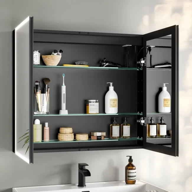 Esme Matt Black Illuminated LED Mirror Cabinet With BLUETOOTH Speaker 700x800mm