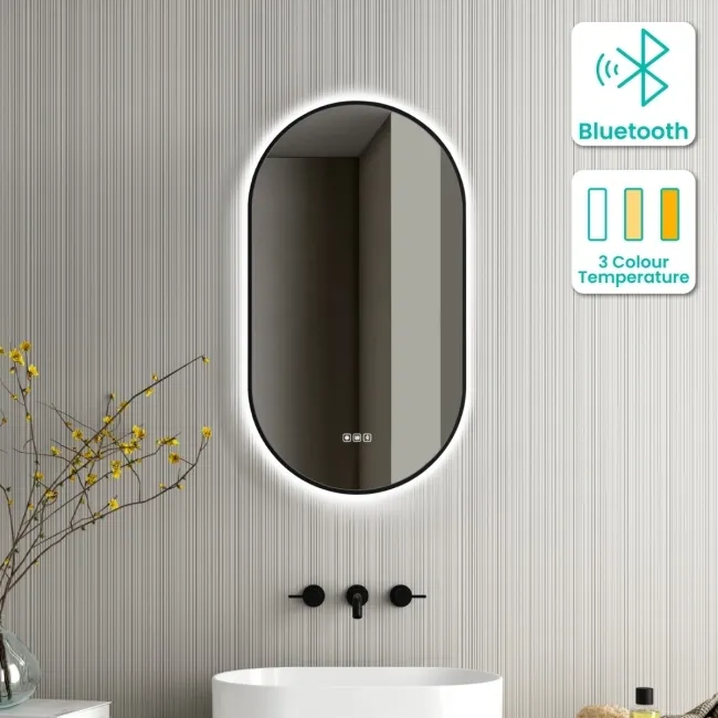 Ada Pill Black Framed Backlit Illuminated LED Mirror With BLUETOOTH Speaker 900x500mm