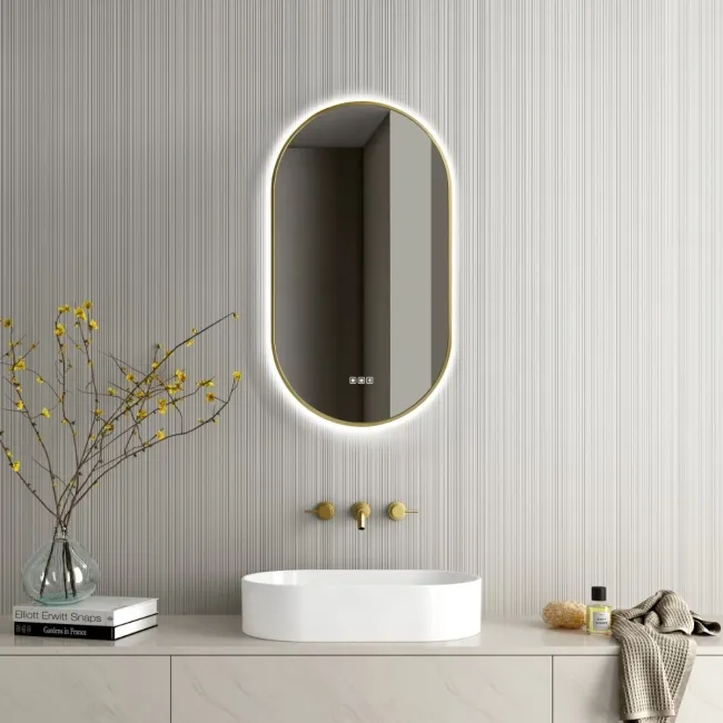 Ada Pill Brushed Brass Backlit Illuminated LED Mirror With BLUETOOTH Speaker 900x500mm