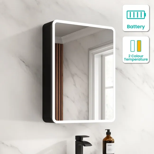 Aurora Battery Operated Matt Black Illuminated LED Mirror Cabinet 600x450mm