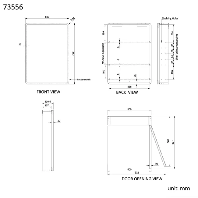 Aurora Battery Operated Matt Black Illuminated LED Mirror Cabinet 700x500mm