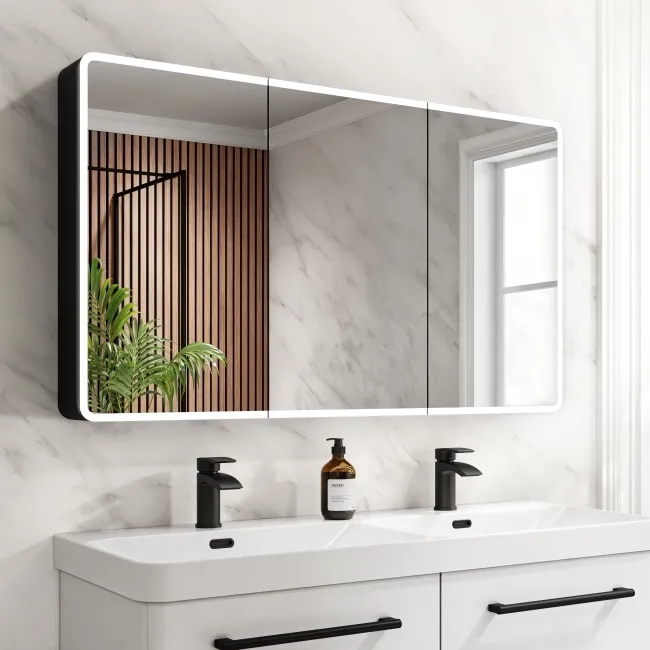 Aurora Battery Operated Matt Black Illuminated LED Mirror Cabinet 700x1200mm