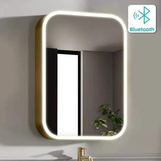 Willow Brushed Brass Illuminated LED Mirror Cabinet With BLUETOOTH Speaker & USB Port 700x500mm