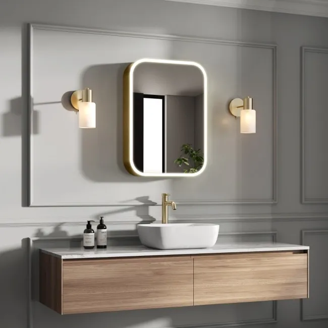 Willow Brushed Brass Illuminated LED Mirror Cabinet With BLUETOOTH Speaker & USB Port 700x500mm