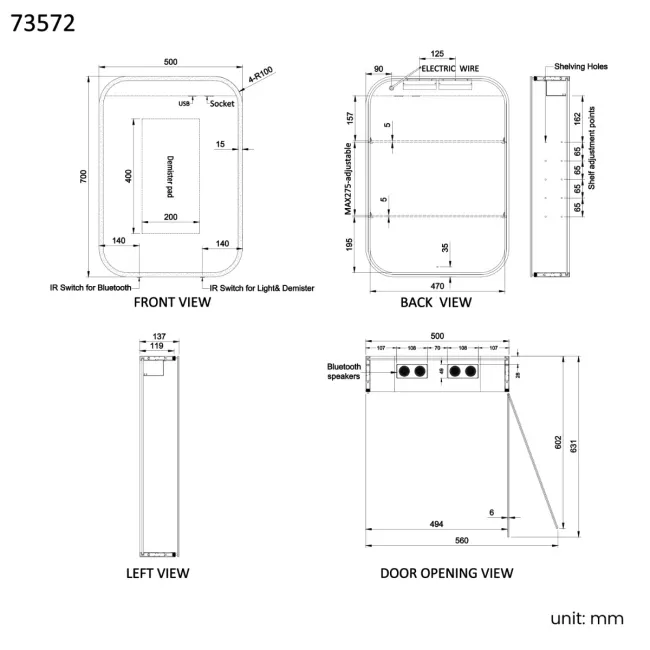 Willow Brushed Brass Illuminated LED Mirror Cabinet With BLUETOOTH Speaker & USB Port 700x500mm