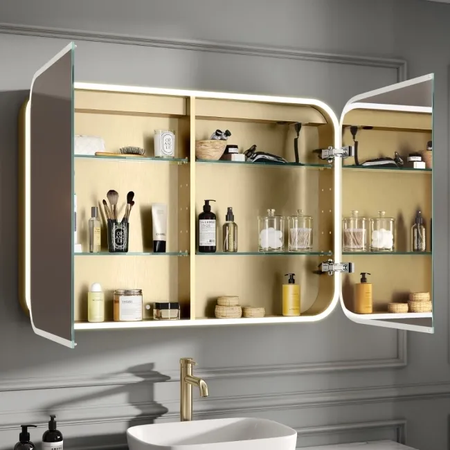 Willow Brushed Brass Illuminated LED Mirror Cabinet With BLUETOOTH Speaker & USB Port 700x1000mm