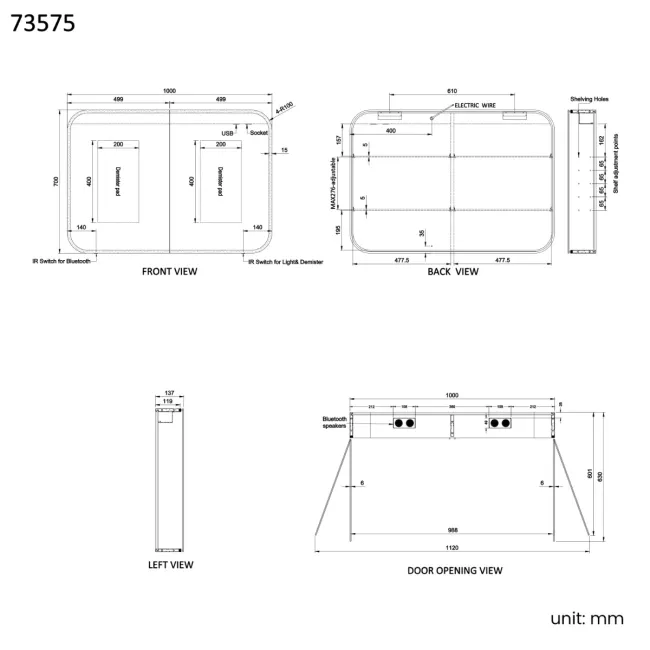 Willow Brushed Brass Illuminated LED Mirror Cabinet With BLUETOOTH Speaker & USB Port 700x1000mm