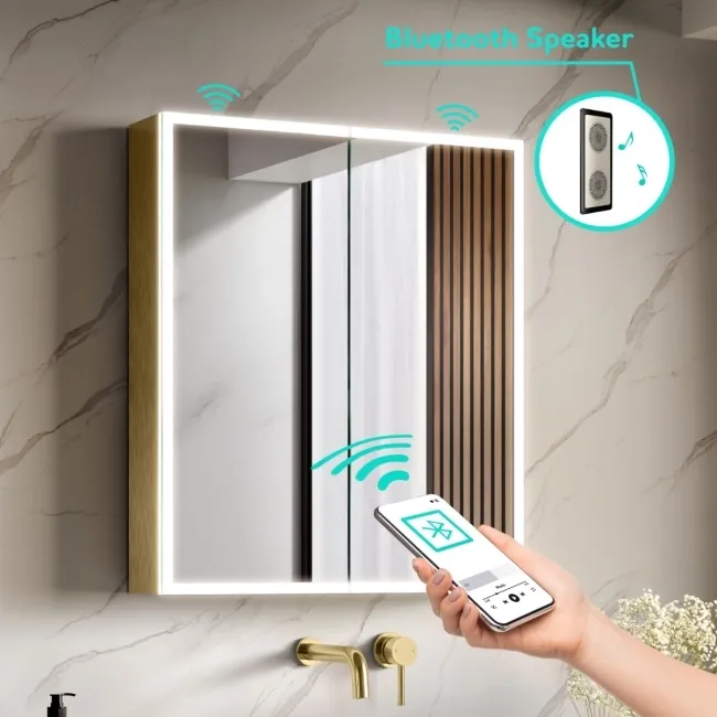 Margot Brushed Brass Illuminated LED Mirror Cabinet With BLUETOOTH Speaker & USB Port 700x1000mm