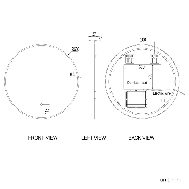 Paris Black Framed Round Backlit Illuminated LED Mirror 600mm