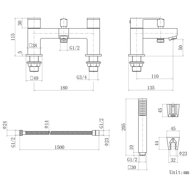 Lea Matt Black Basin & Shower Bath Mixer Tap Set
