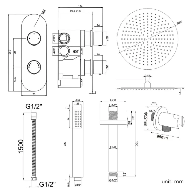Ballina Premium Ceiling Chrome Round Thermostatic Shower Set - 300mm Head & Hand Shower