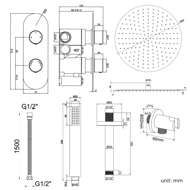Ballina Premium Ceiling Chrome Round Thermostatic Shower Set - 400mm Head & Hand Shower