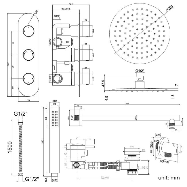 Ballina Premium Chrome Round Thermostatic Bath Filler Shower Set - 200mm Head & Hand Shower