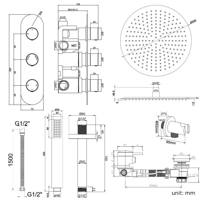 Ballina Premium Ceiling Chrome Round Thermostatic Bath Filler Shower Set - 300mm Head & Hand Shower