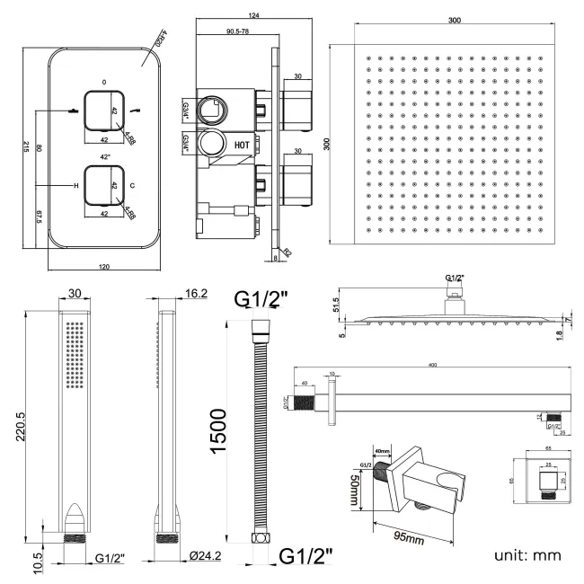 Galway Premium Chrome Square Thermostatic Shower Set - 300mm Head & Hand Shower