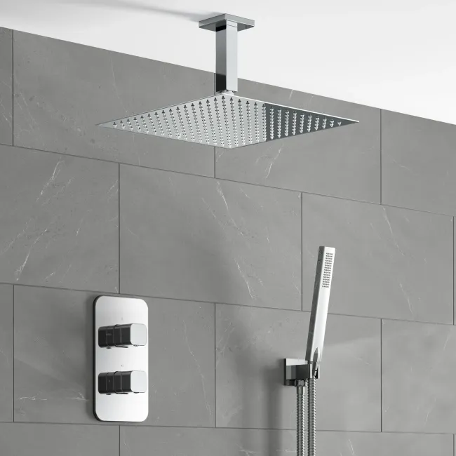Galway Premium Ceiling Chrome Square Thermostatic Shower Set - 300mm Head & Hand Shower