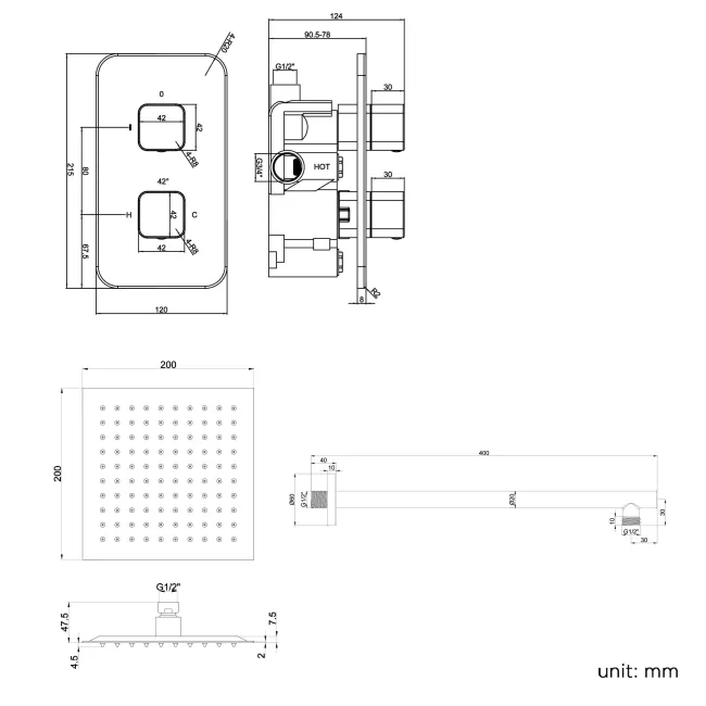 Galway Premium Matt Black Square Thermostatic Shower Set - 200mm Head