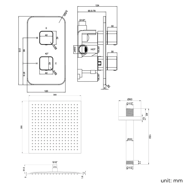 Galway Premium Ceiling Matt Black Square Thermostatic Shower Set - 300mm Head