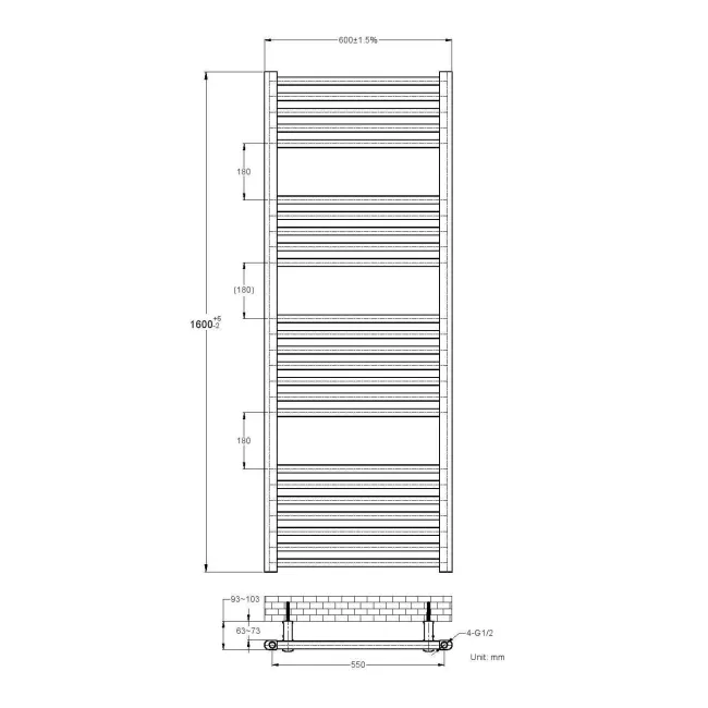 Naples Electric Premium Matt Black Straight Heated Towel Rail 1600x600mm