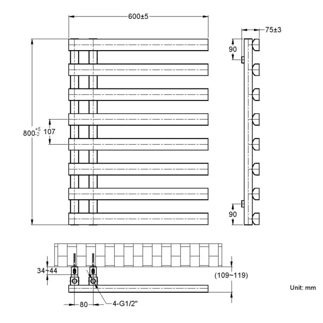 Palermo Electric Matt Black Designer Heated Towel Rail 800x600mm
