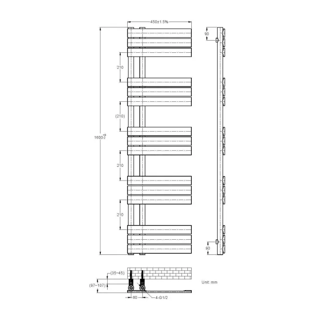 Seville Electric Matt Black Designer Flat Panel Heated Towel Rail 1600x450mm