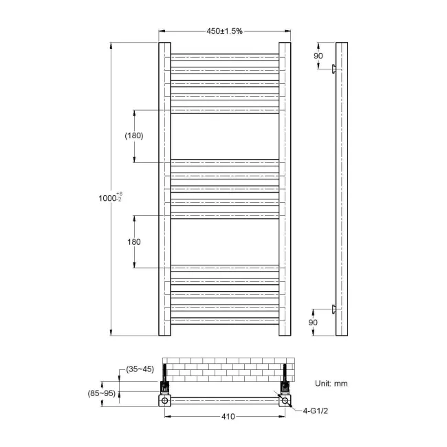 Valetta Electric Matt Black Square Heated Towel Rail 1000x450mm