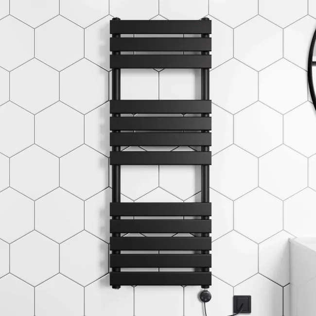 Santorini Electric Matt Black Flat Panel Heated Towel Rail 1200x450mm