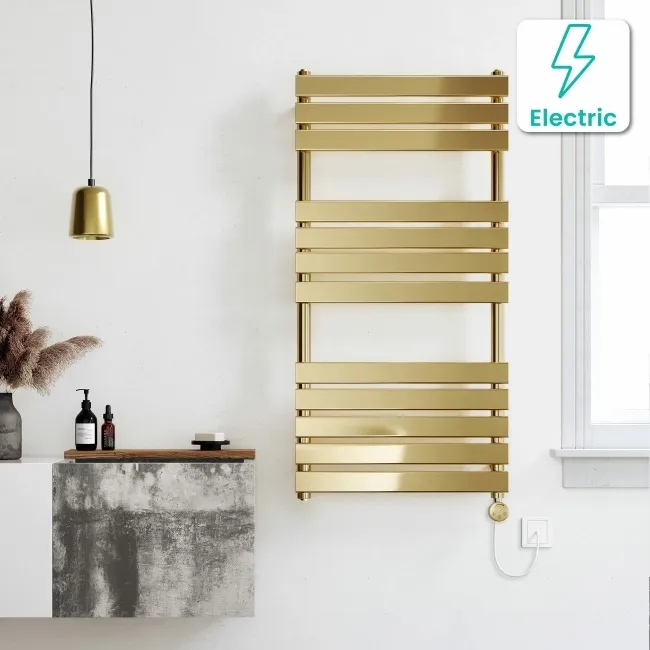 Santorini Electric Brushed Brass Flat Panel Heated Towel Rail 1200x600mm