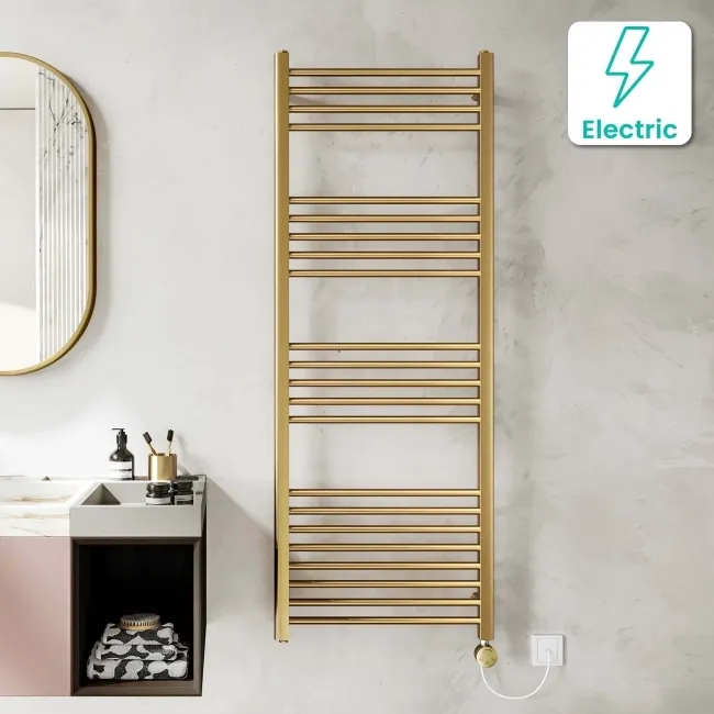 Barcelona Electric Brushed Brass Straight Heated Towel Rail 1600x600mm