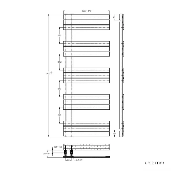 Seville Electric Brushed Brass Designer Flat Panel Heated Towel Rail 1600x600mm