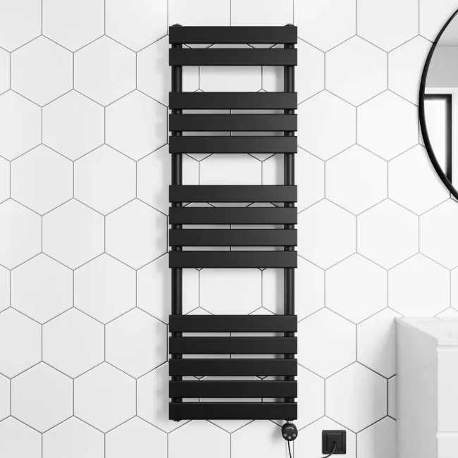 Santorini Electric Matt Black Flat Panel Heated Towel Rail 1400x450mm