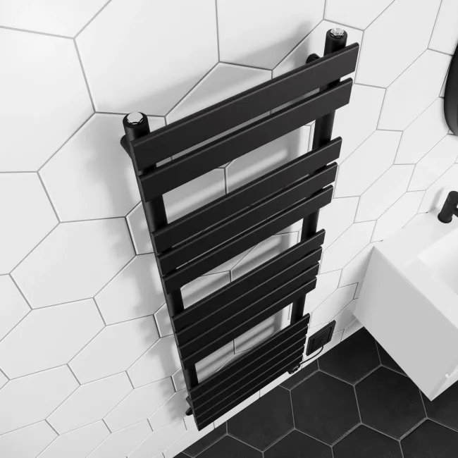 Santorini Electric Matt Black Flat Panel Heated Towel Rail 1400x450mm