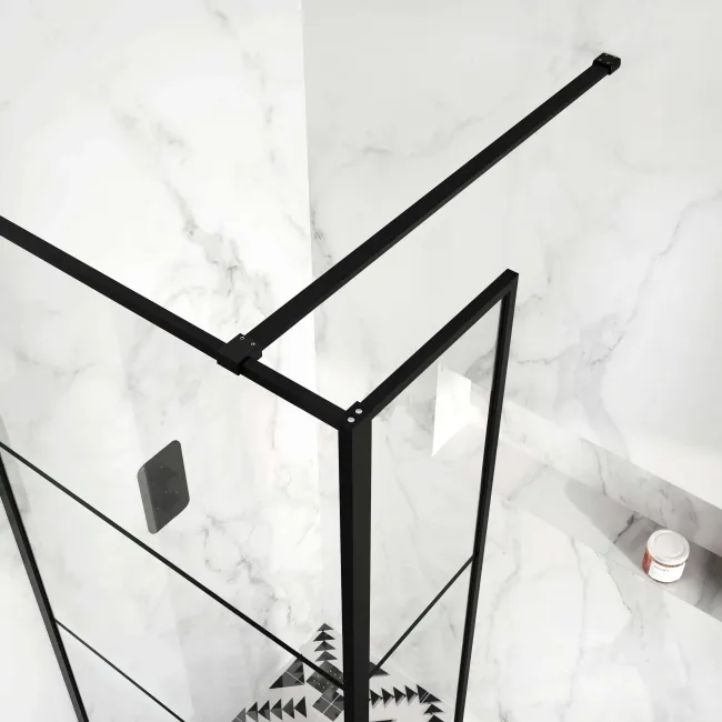 Munich Matt Black Grid 8mm Wet Room Shower Glass 800mm & 250mm Return Panel