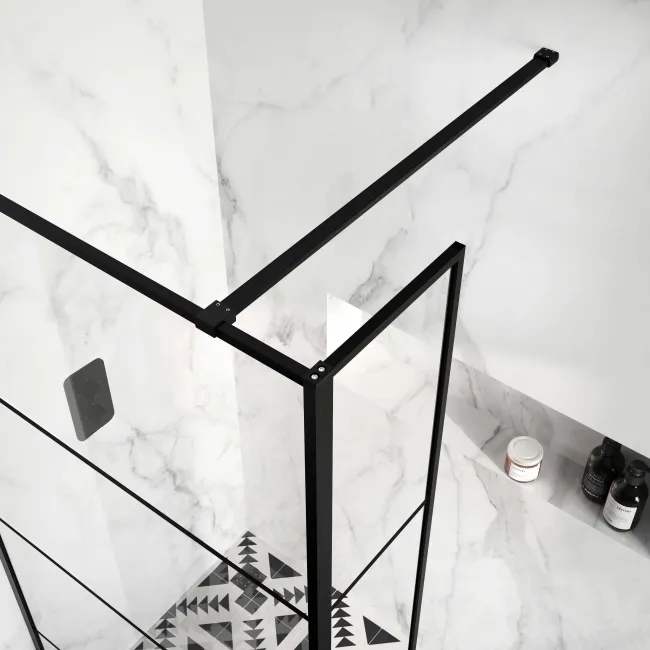 Munich Matt Black Grid 8mm Wet Room Shower Glass 1000mm & 250mm Return Panel