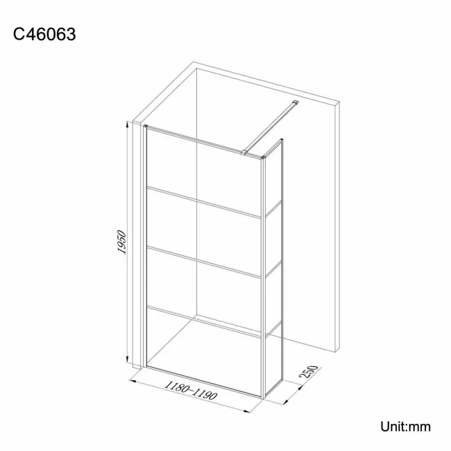 Munich Matt Black Grid 8mm Wet Room Shower Glass 1200mm & 250mm Return Panel