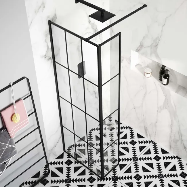 Munich Matt Black Grid 8mm Wet Room Shower Glass 700mm & 250mm Return Panel