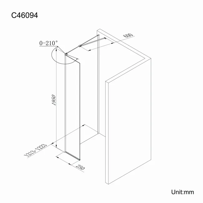 Copenhagen Easy Clean 8mm Wet Room Shower Glass 1200mm & 250mm Pivotal Return Panel