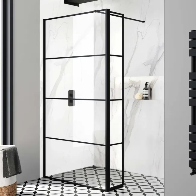 Munich Matt Black Grid 8mm Wet Room Shower Glass 900mm & 250mm Pivotal Return Panel