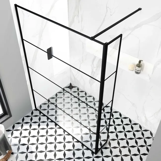 Munich Matt Black Grid 8mm Wet Room Shower Glass 1400mm & 250mm Pivotal Return Panel