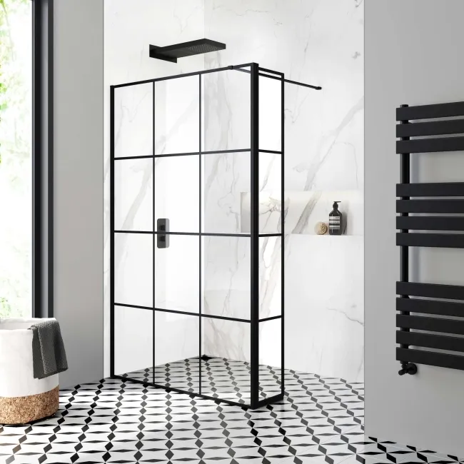 Munich Matt Black Grid 8mm Wet Room Shower Glass 1200mm & 250mm Pivotal Return Panel