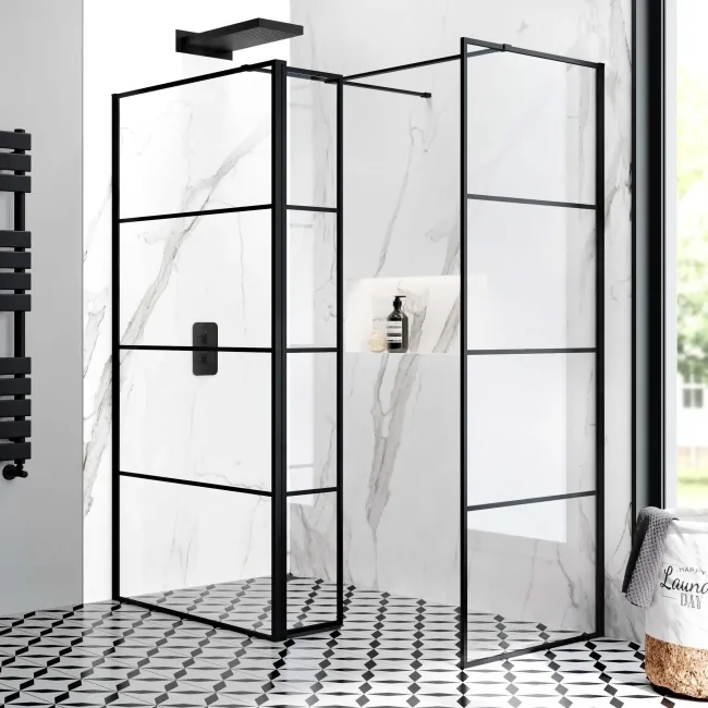 Munich Matt Black Grid 8mm Walk In Shower Enclosure 1000mm & 800mm Glass with Pivotal Return Panel