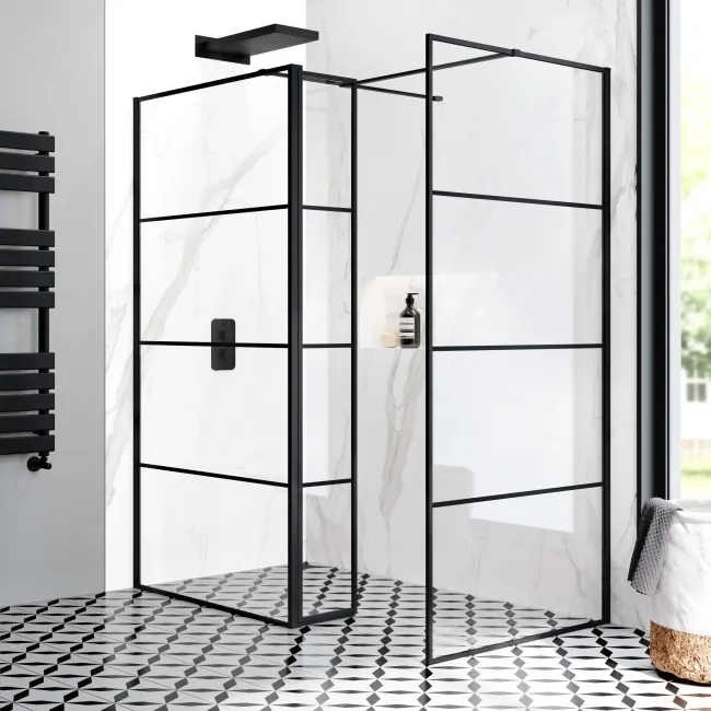 Munich Matt Black Grid 8mm Walk In Shower Enclosure 1000mm & 900mm Glass with Pivotal Return Panel