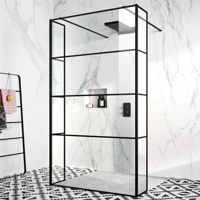 Munich Matt Black Grid 8mm Walk Through Wet Room Shower Glass Panel 1200mm & 250mm Return Panel