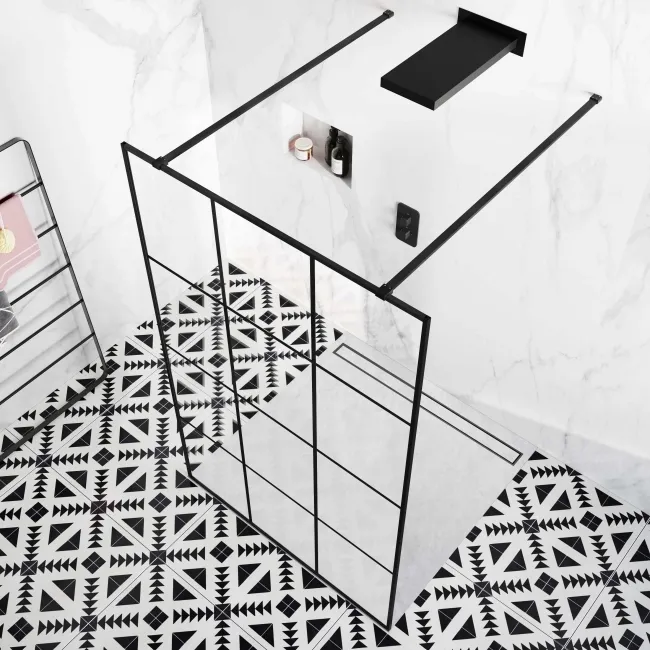Munich Matt Black Grid 8mm Walk Through Wet Room Shower Glass Panel 1200mm