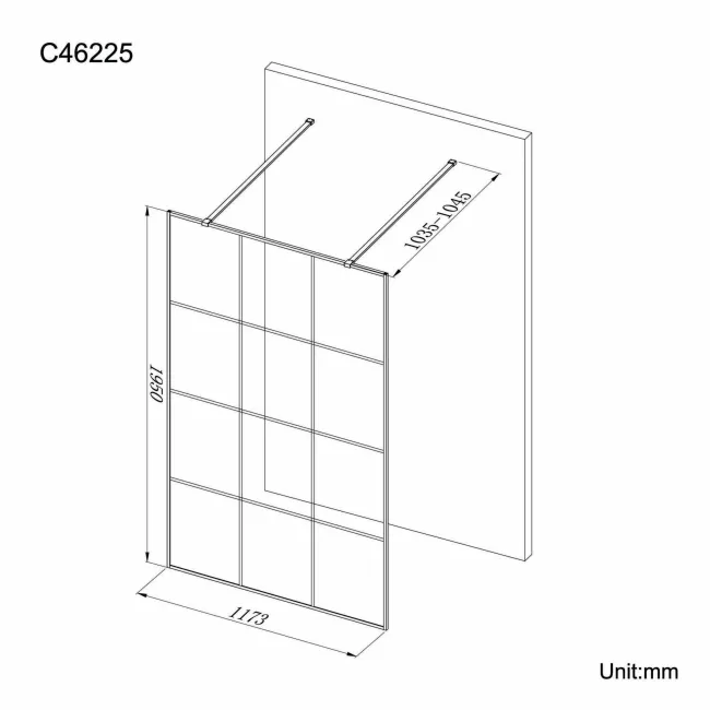 Munich Matt Black Grid 8mm Walk Through Wet Room Shower Glass Panel 1200mm